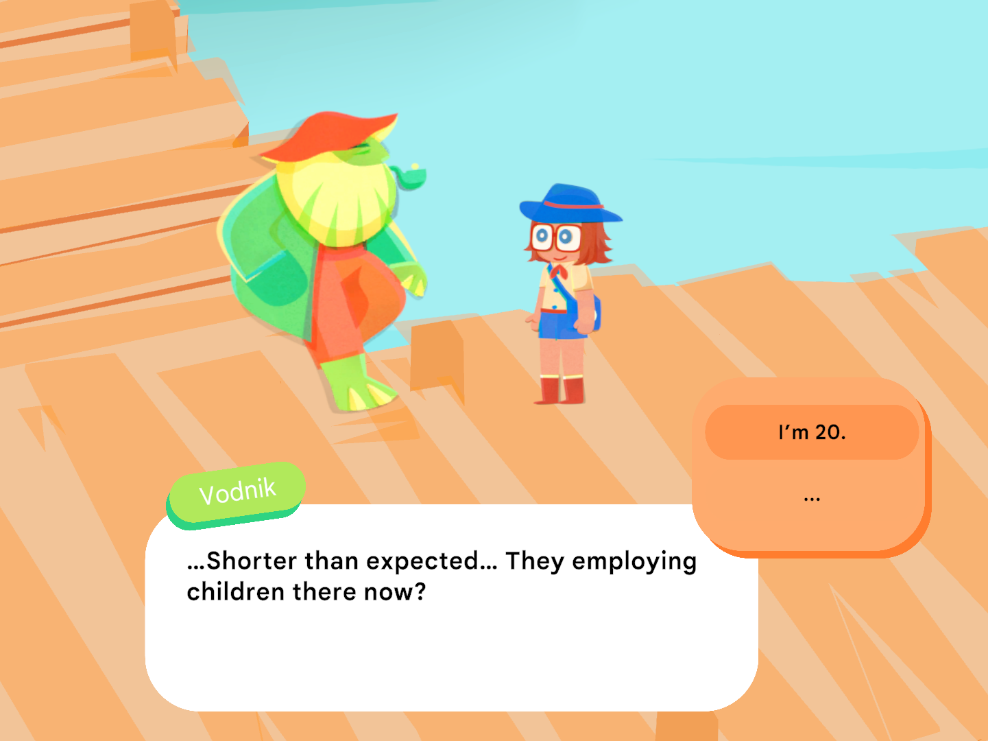 Screenshot of the main character talking to a folklore creature in Reject Island